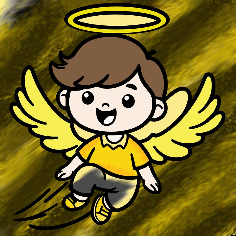 flying boy in midair with wings with halo above hood head