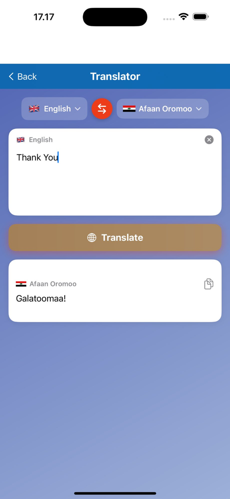 Afan Oromo English Dictionary - Mobile app translator interface showing English to Afaan Oromoo translation of the phrase Thank You