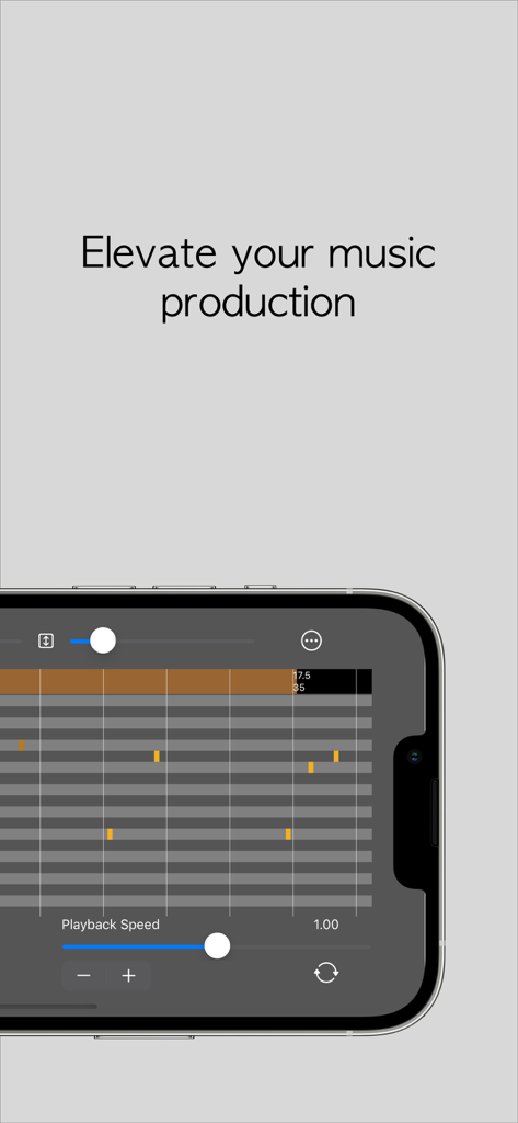 Drums Transcriber - Drums Transcriber App-Oberfläche, die eine MIDI-Schlagzeugsequenz und Wiedergabesteuerungen anzeigt