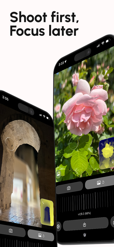 Interfaccia dell'app Live Focus che mostra le regolazioni della messa a fuoco e della sfocatura dello sfondo su una foto di un fiore