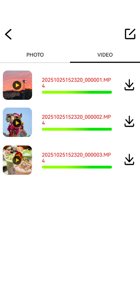 A list of recorded videos within the Sports-DV app featuring thumbnails of a sunset, a camel, and food alongside download progress bars.
