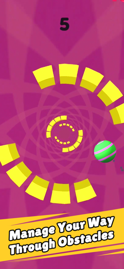 Rolly Vortex - A striped ball navigating a purple vortex with yellow blocks