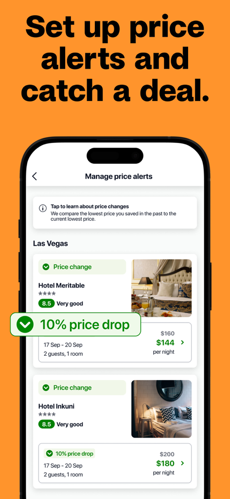 Trivago app interface showing hotel price drop notifications and deals