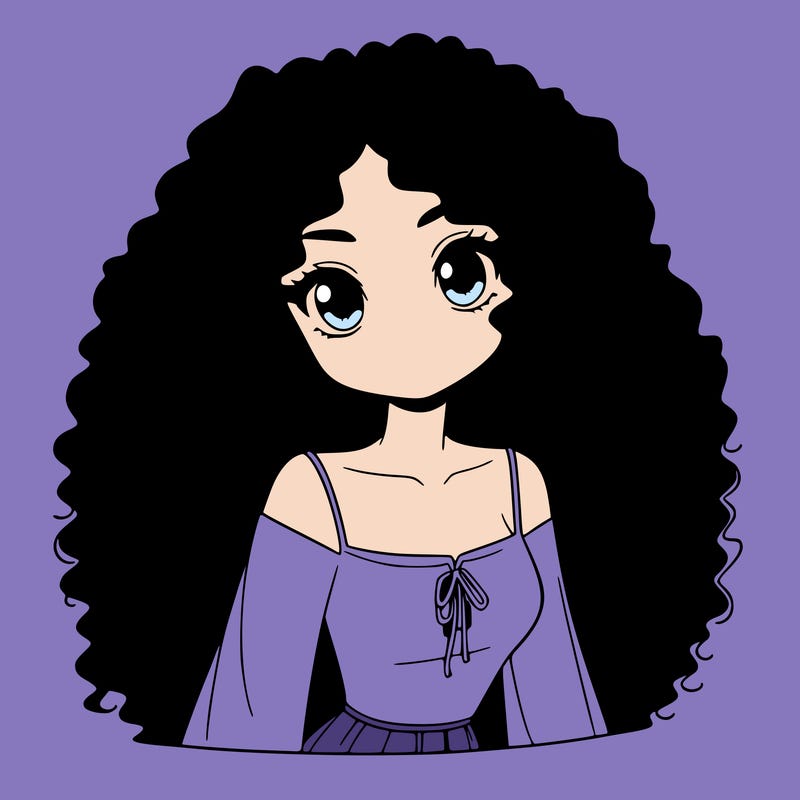 a black anime girl with long afro hair