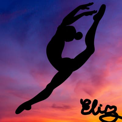 gymnast doing a leap in a leotard with a bent back leg