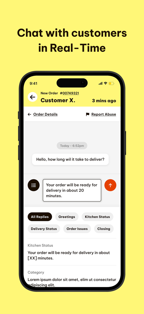 Anh Béo Operations - Mobile app interface showing a real-time chat between restaurant staff and a customer regarding order delivery timing