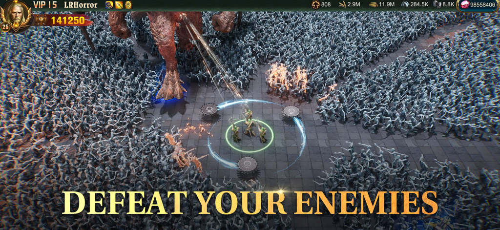 A massive army of skeletons and a giant monster in a War and Order fantasy battle scene with the text Defeat Your Enemies.