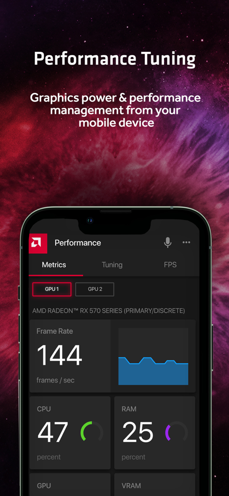 Performance tuning dashboard in the AMD Link mobile app showing real time GPU metrics