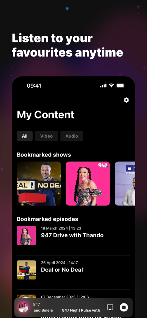 Primedia+ - The Primedia plus app My Content screen showing bookmarked South African radio shows and episodes.