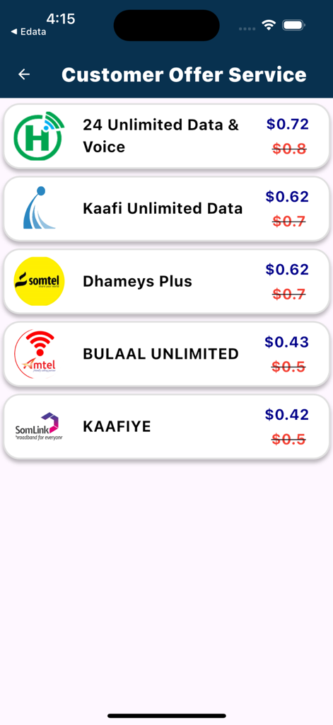 Edata - Edata mobile app screen showing discounted internet and voice data plans for Somali providers including Hormuud and Somtel.