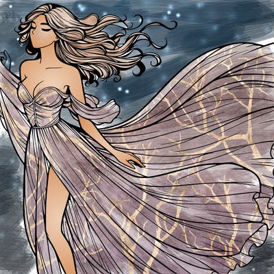 realistic woman in dress flowing the the wind