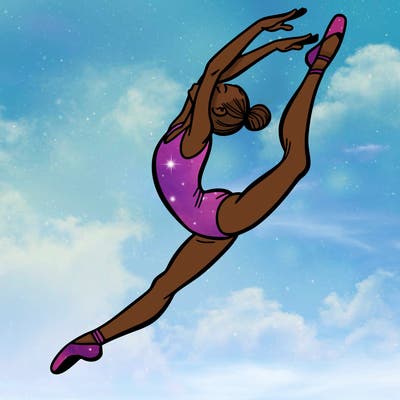 gymnast doing a leap in a leotard with a bent back leg