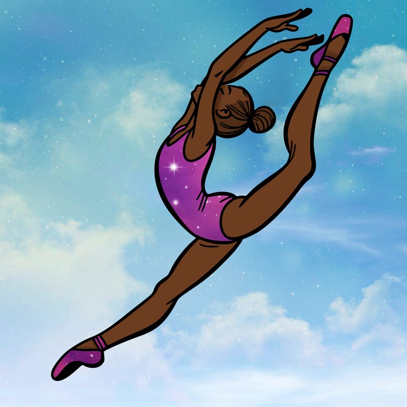 gymnast doing a leap in a leotard with a bent back leg