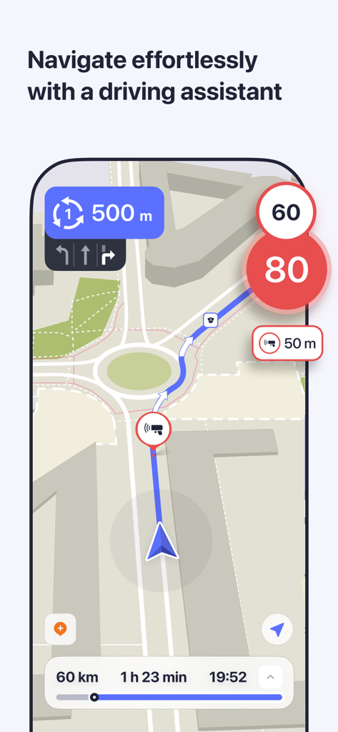 MAPS.ME app screenshot showing driving navigation and speed limit alerts