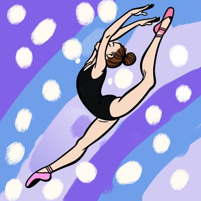 gymnast doing a leap in a leotard with a bent back leg