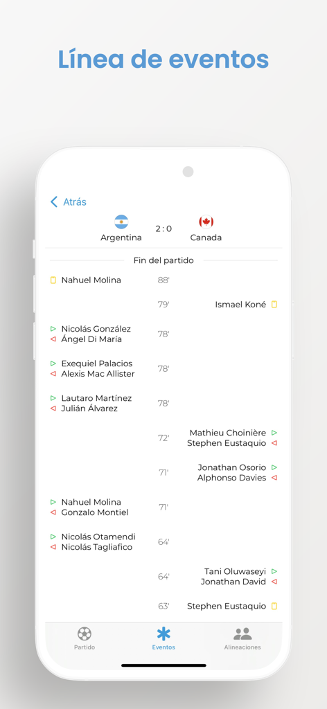 Liga Fútbol: Argentina - Mobile app screen showing a live match timeline for Argentina versus Canada with player substitutions and cards