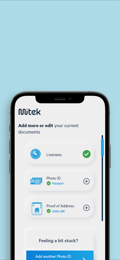 Mitek - Mitek app screen showing a checklist of verified documents including liveness check, passport, and utility bill
