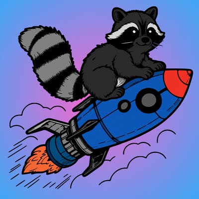 realistic raccoon flying on top rocket ship