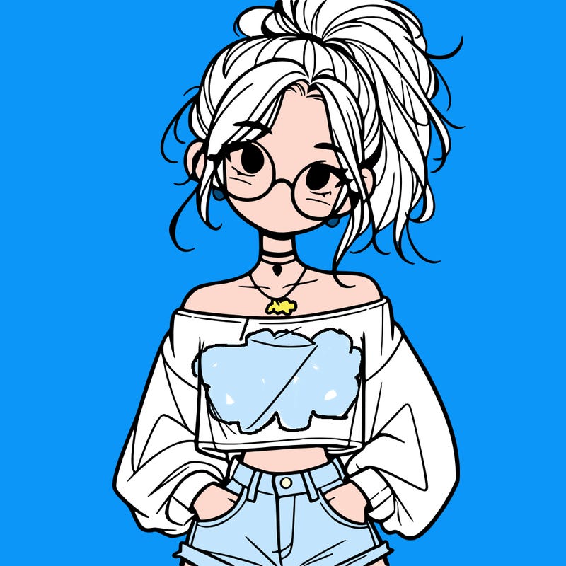 girl with a messy ponytail glasses a baggy crop top and jean shorts