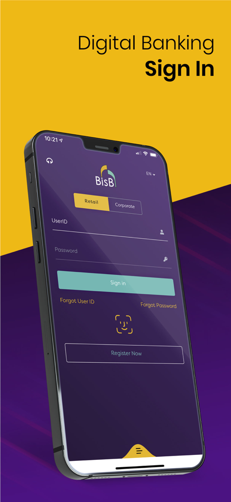 BisB Mobile app sign in screen on a smartphone with login fields and biometric verification