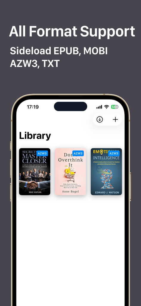 KindleMate - Send to Kindle - KindleMate app interface showing a library of books with support for EPUB MOBI AZW3 and TXT formats