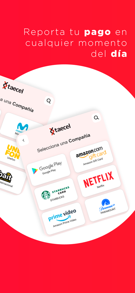 TAECEL - Interface de l'application TAECEL affichant les options de vente de cartes-cadeaux numériques de grandes marques comme Netflix et Amazon