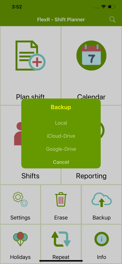 FlexR (Shift planner) - FlexR Shift Planner App Hauptmenü mit einem Backup-Pop-up-Menü, das iCloud- und Google Drive-Optionen anzeigt