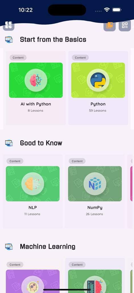 Course selection screen in the Learn Machine Learning PRO app showing modules for AI with Python and NLP