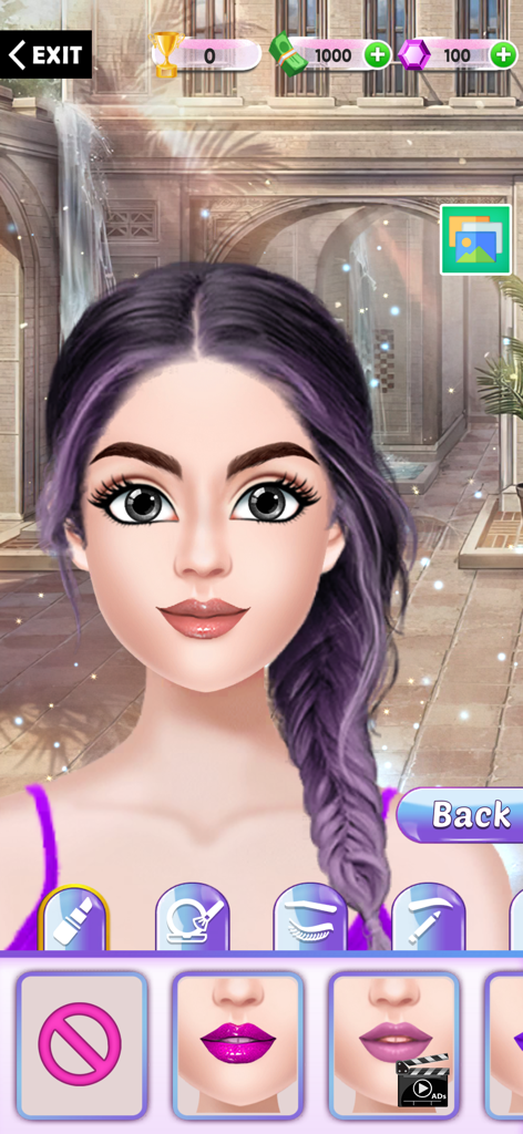 Style World: Fashion Dress up - Pantalla de personalización de personajes en Style World mostrando opciones de lápiz labial y maquillaje