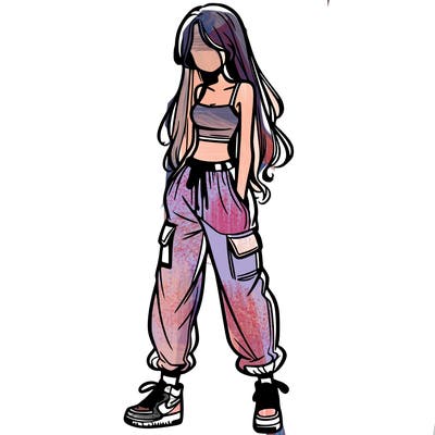 girl in baggy pants crop top and long hair