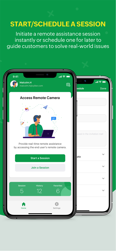 Zoho Lens - Zoho Lensアプリ画面、リモートサポートのためのセッション開始とスケジュールオプションを表示