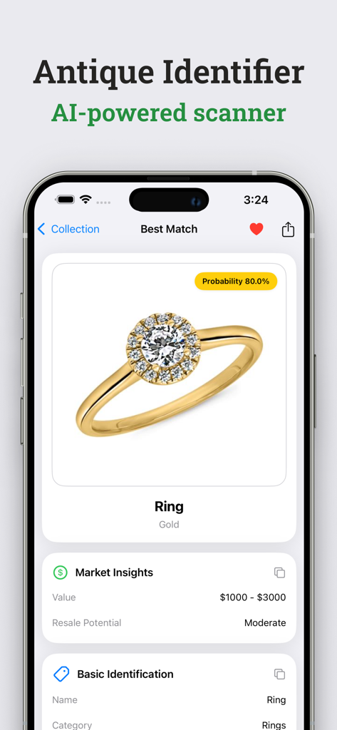 Jewelry Identifier: Gemstone ° - Pantalla de la aplicación identificadora de joyas antiguas mostrando la identificación de un anillo de oro con valor de mercado