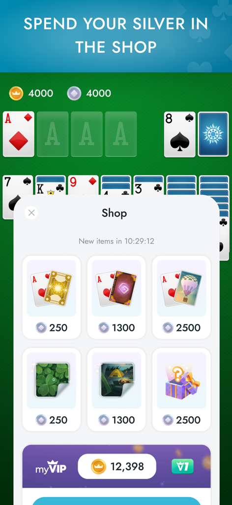 A screenshot of the in-game shop in Solitaire where players can buy custom card backs and backgrounds with silver coins.