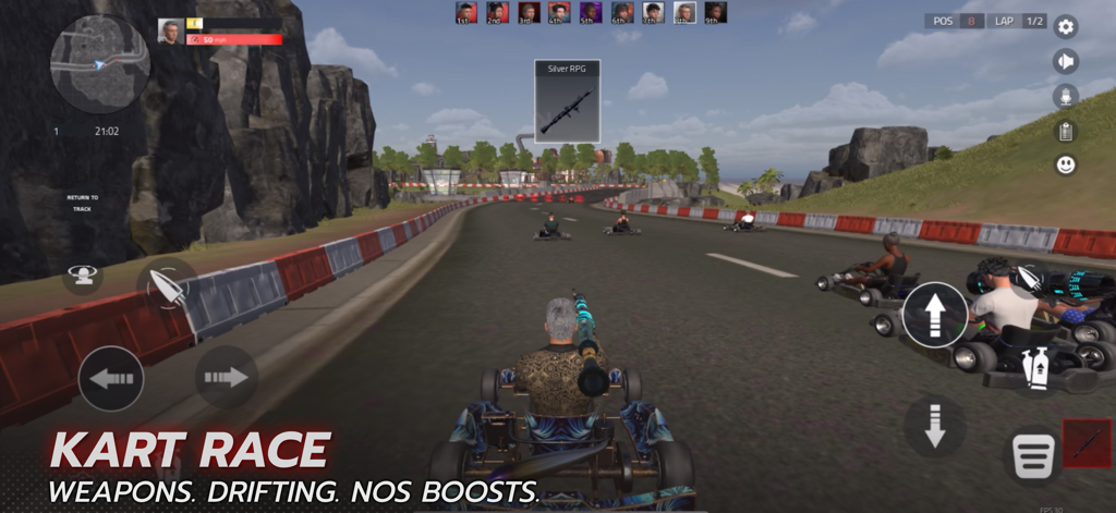 KOMPETE Early Access - Una pantalla de juego realista de carreras de karts en KOMPETE mostrando jugadores compitiendo con armas y potenciadores de nitro