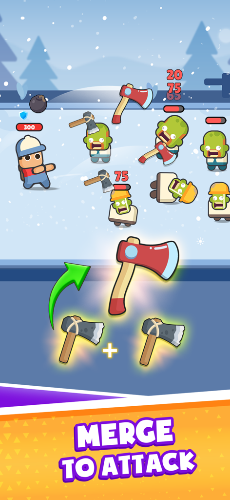 Backpack Hero: Merge Weapons - Captura de pantalla del juego de Backpack Hero que muestra la mecánica de fusión donde dos hachas pequeñas se combinan en un arma más grande para derrotar zombis.