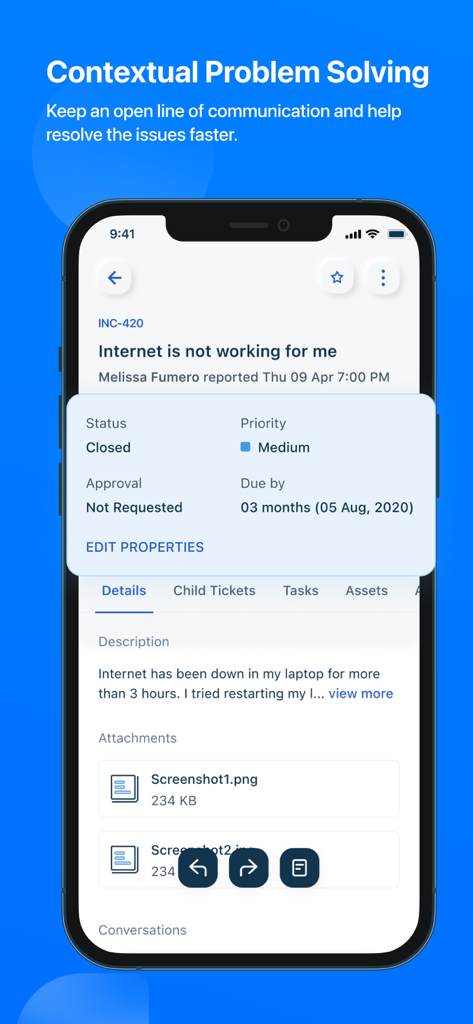 Freshservice - Freshservice app screen showing a closed IT support ticket with status and priority details