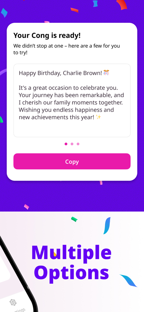 Options de message de souhait d'anniversaire générées par IA dans l'interface de l'application CongAI