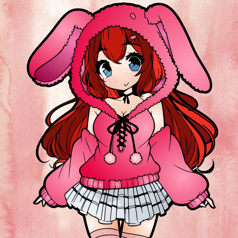 pretty anime girl wearing a fluffy hoodie with bunny ears on the hood and a skirt