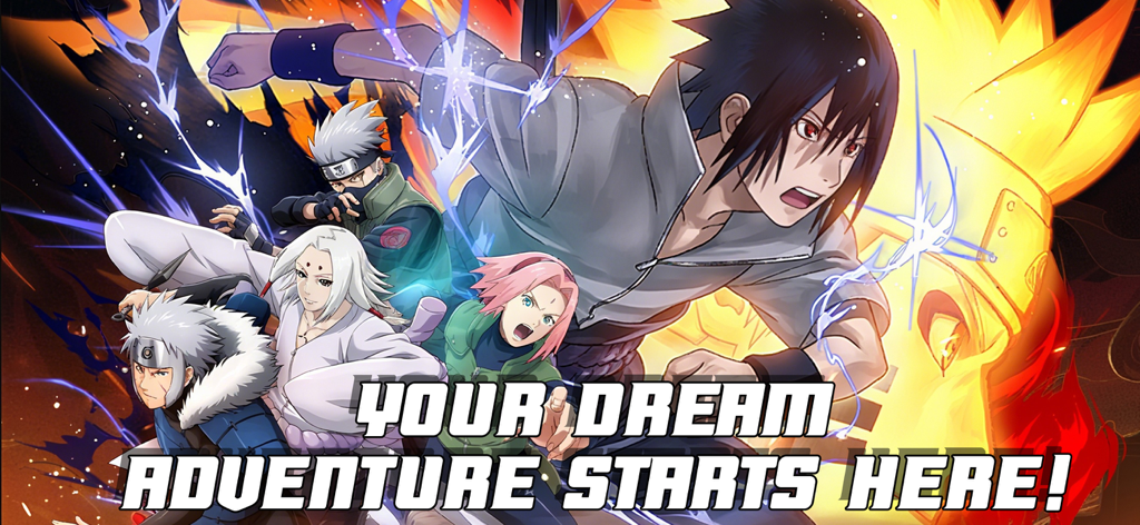 Promotional art for Konoha Shippuden Ninja War featuring Sasuke Sakura Kakashi and other ninjas with the text Your Dream Adventure Starts Here