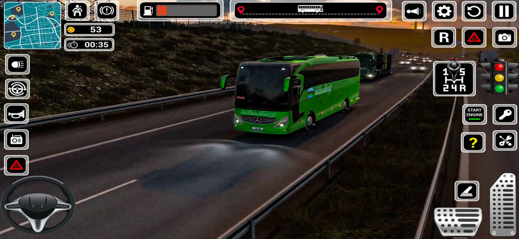 Real Bus Driving Game - Un autocar verde conduciendo por una autopista por la noche en un juego de simulación realista con controles de conducción en pantalla