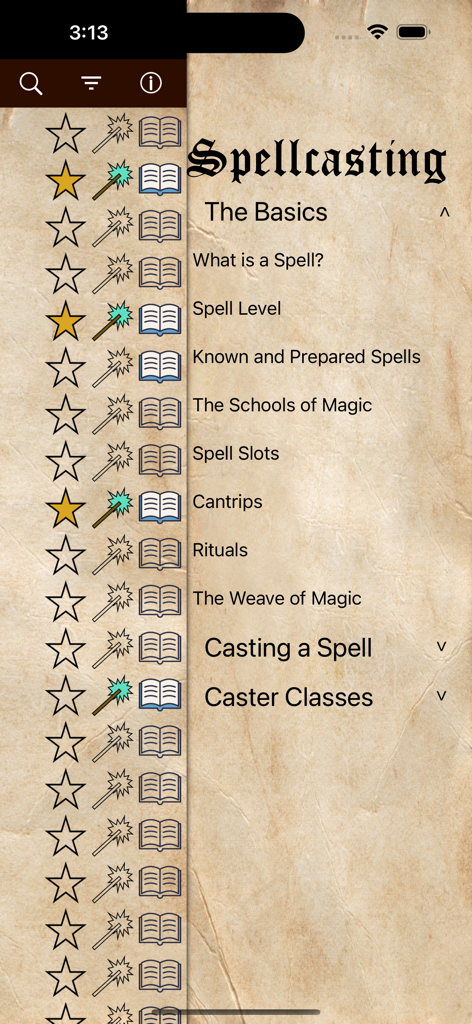 D&D Spellbook 5e - Spellcasting rules and information screen in the D&D Spellbook 5e app