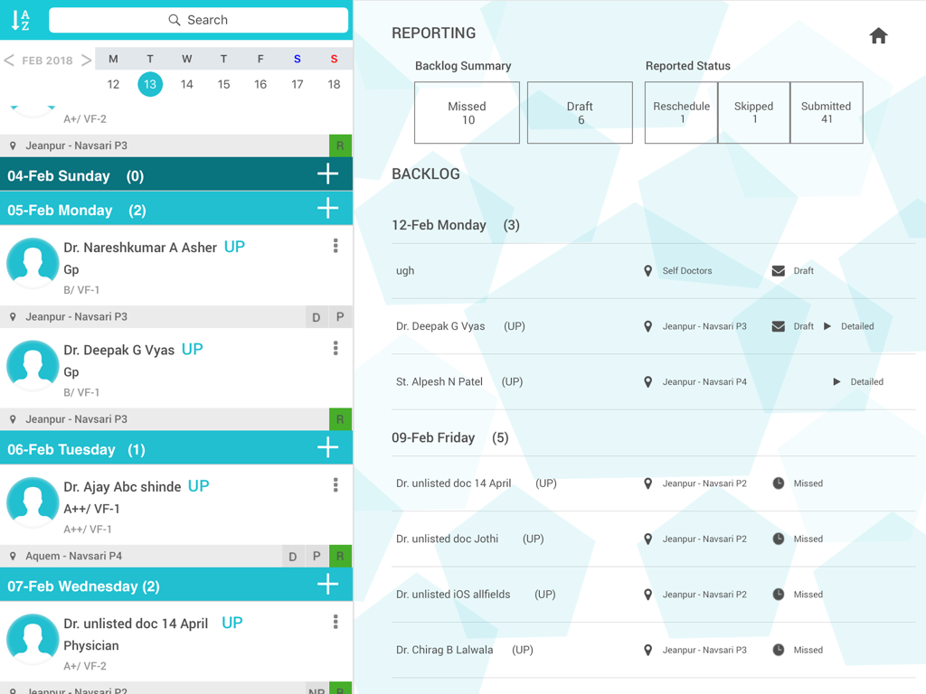 Phyzii Tab - Phyzii Tab iPad dashboard showing a summary of reported doctor calls and a backlog list of sales activities.