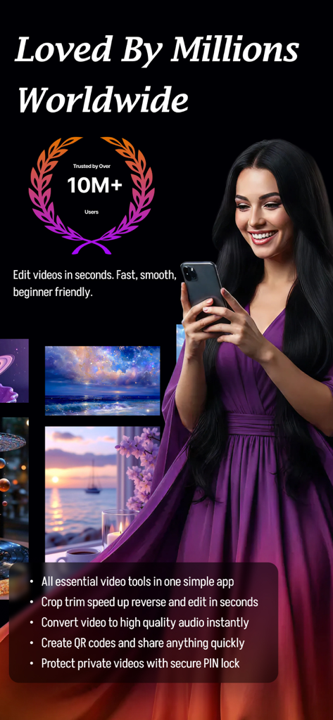 Y2mate Apps - Schermata promozionale per le app Y2mate che mostra le funzionalità di editing video e il numero di utenti fidati
