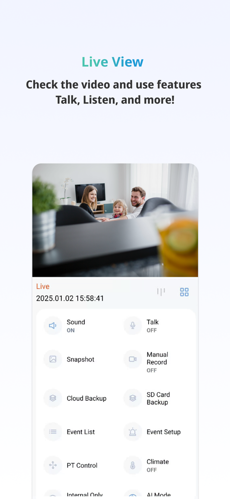 EGLOO app live view screen showing a family and camera control icons