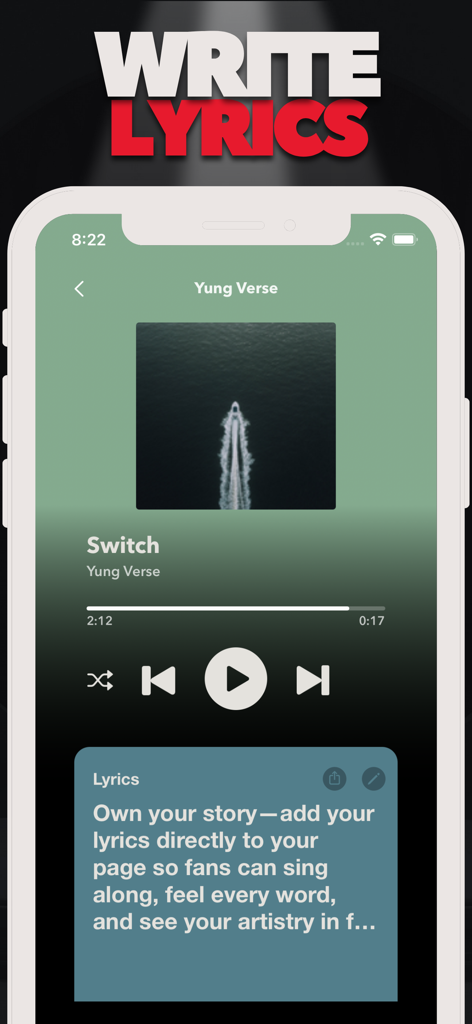 Interface do aplicativo Rap Star Music Simulator mostrando um reprodutor de música com um recurso de edição de letras de música personalizadas