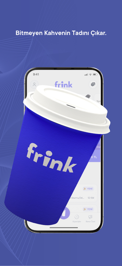 Frink - Kahve Üyeliği - Mobile screen showing the Frink coffee subscription app interface with a branded blue coffee cup in the foreground