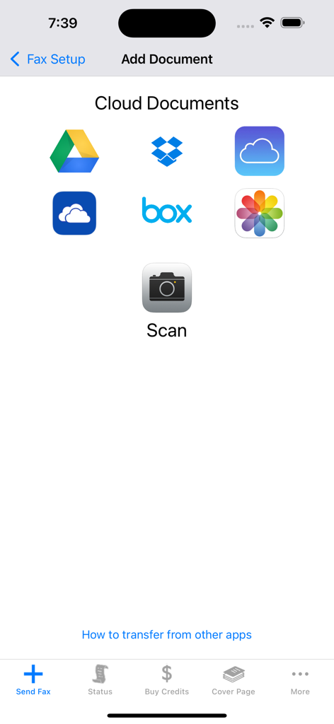 FAX for iPhone - send fax app - FAX for iPhoneアプリでドキュメントを追加するための、クラウドストレージアイコンとスキャンボタンを表示する画面