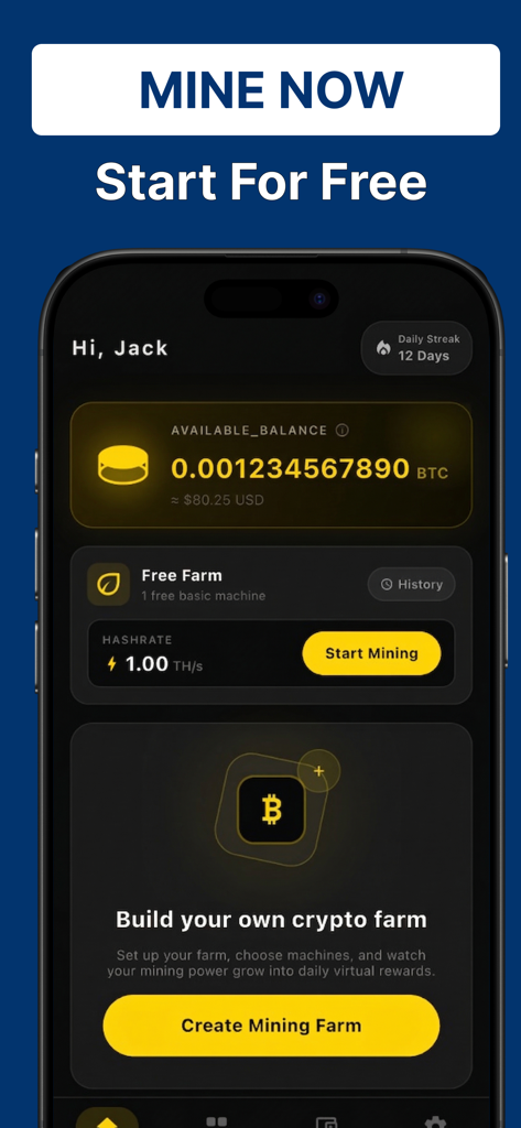 Veltrix: BTC Cloud Miner - Painel do aplicativo Veltrix mostrando saldo de Bitcoin e opções de mineração em nuvem