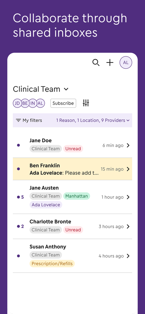 Interface of the Klara app showing a clinical team shared inbox with patient message threads and status tags.