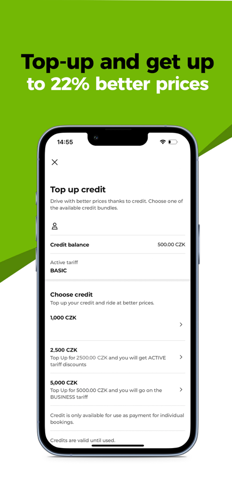 CAR4WAY carsharing - CAR4WAY app screen showing credit top up options and active tariff balance
